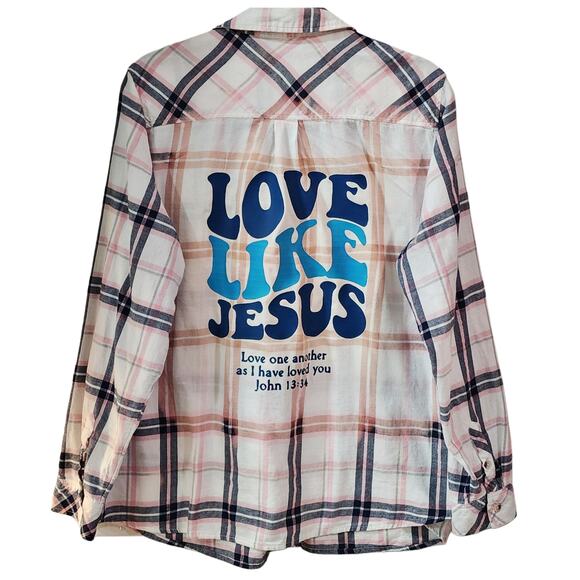 Love Like Jesus Custom Upcycled Christian Plaid Shirt, 2X - Picture 5 of 5